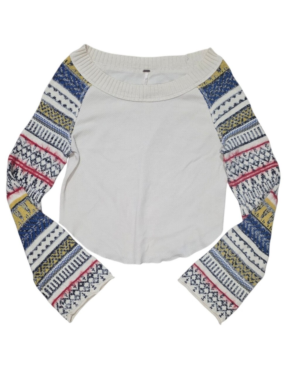 Free People Cream Long Sleeve Top with Patterned Bell Sleeves Size Small